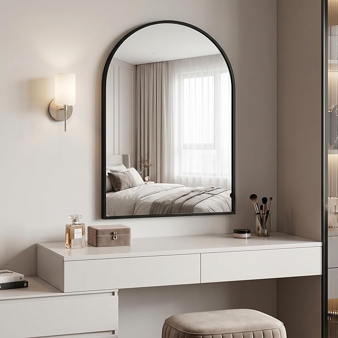 BEAUTYPEAK 20"x28" Arch Bathroom Mirror, Wall Mounted Vanity Metal Frame Mirror for Bedroom, Entryway, Living Room, Black