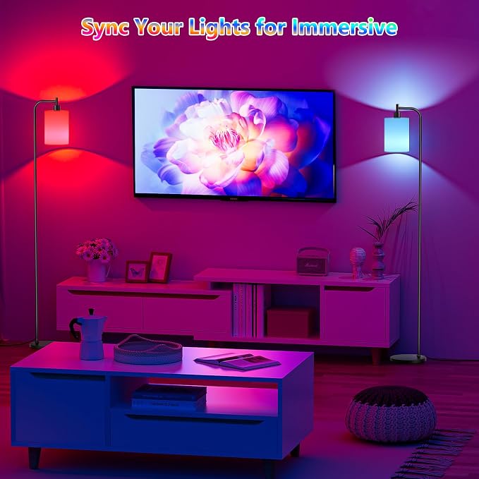 SIBRILLE RGB Floor Lamp with Linen Shade, Dimmable Tall Standing Lamp with Remote Control, Color Changing Floor Lamps for Living Room Bedroom Gaming Room, 9W RGB Bulb Included