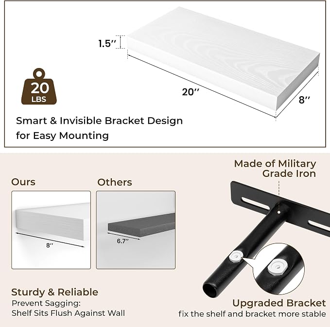 RICHFOCUS 20Inch Floating Shelves for Wall 2 Pack Shelves for Bedroom|Kitchen|Bathroom|Laundry Room Rustic Wood Wall Mounted Shelf with Invisible Brackets for Books|Storage|Decor, White