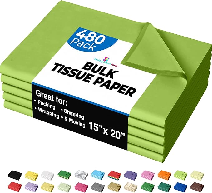 Party Solids Lime Green Tissue Paper for Gift Bags - 15" X 20" Bulk Tissue Paper Lime Green 480 Sheets - 10lb Newsprint for Packing, Birthday Gift Box Filler, Packing Supplies for Moving Supplies