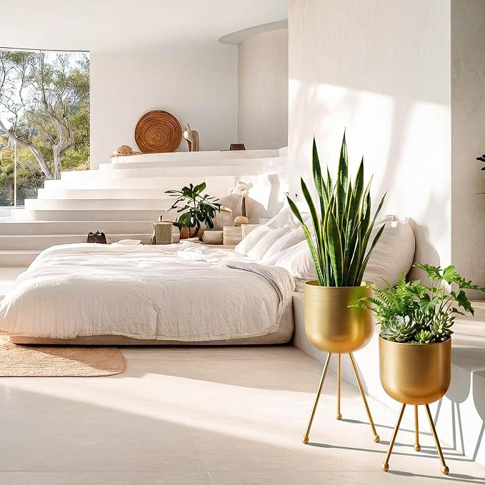 Frienda 2 Pack Mid Century Modern Decor Mid Century Modern Planter Metal Flowerpot with Stands Stylish Floor-Standing Flowerpot for Boho Home Office Indoor Outdoor Decor 20", 18" h (Gold)