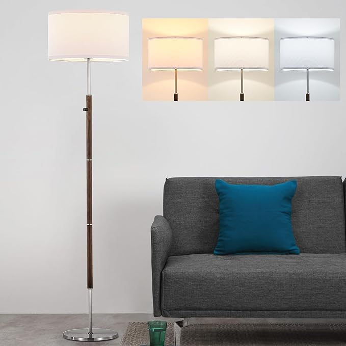 ELYONA Dimmable Floor Lamp Walnut Wood Grain & Brushed Nickel Standing Lamp Mid Century Modern Coner Pole Lamp with White Fabric Shade & Rotary Switch for Living Room Bedroom Office,LED Bulb Included