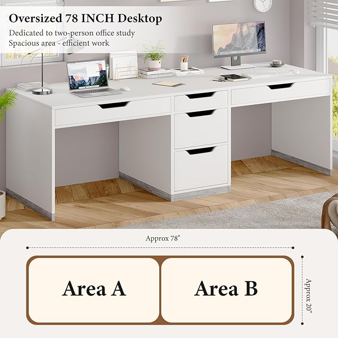 Two Person Desk with 5 Drawers, Double Desk with Storage for 2 People, 78 Inch Extra Long Computer Desk Workstation with File Drawer for Home Office, White