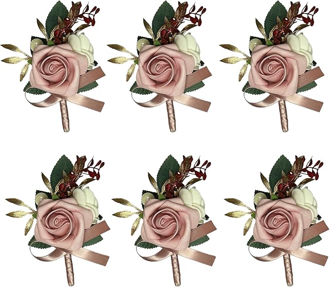 6PCS Pink Boutonniere for Men,Dusty Rose Boutonniere Pins for Men Groomsmen Guest Boutonniere, Artificial Flowers for Wedding Decor Prom Homecoming