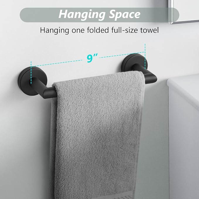 JunSun Bathroom Towel Bar 9 Inch Matte Black Towel Racks Wall Mounted Bath Hand Towel Holder Modern Home Decor Towel Rod Bathroom Accessories Stainless Steel Towel Hangers Towel Rail Single Towel Bars