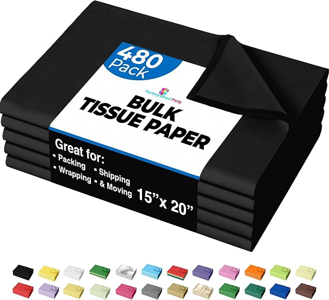 Party Solids Black Tissue Paper for Gift Bags - 15" X 20" Bulk Tissue Paper Black 480 Sheets - 10lb Newsprint for Packing, Birthday Gift Box Filler, Packing Supplies for Moving Supplies