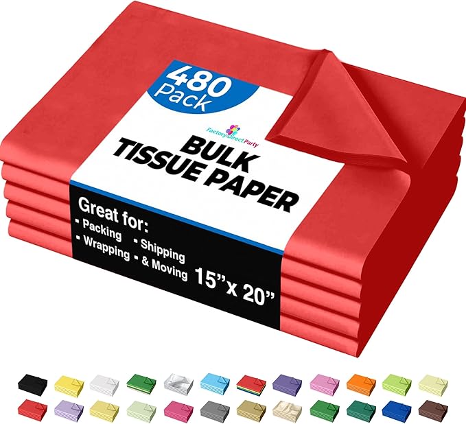 Party Solids Red Tissue Paper for Gift Bags - 15" X 20" Bulk Tissue Paper Red 480 Sheets - 10lb Newsprint for Packing, Birthday Gift Box Filler, Packing Supplies for Moving Supplies