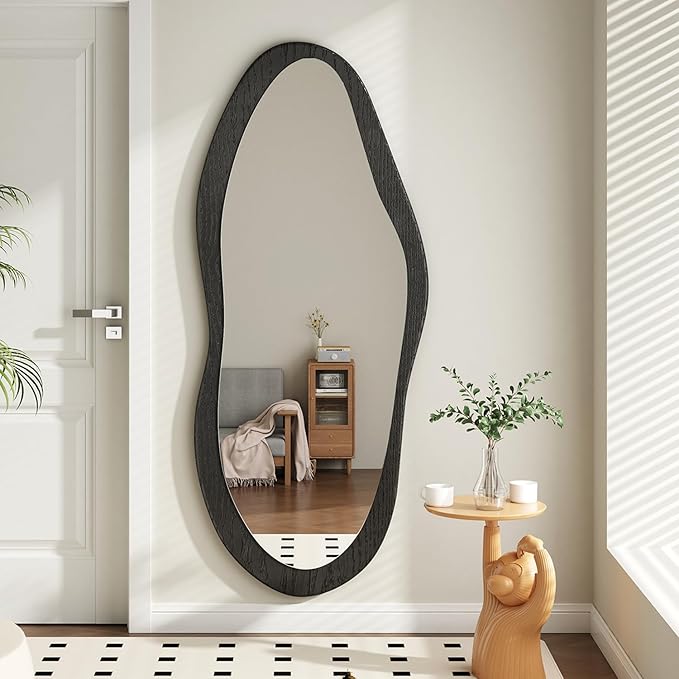 AAZZKANG Irregular Wall Mirror Full Length with Wood Framed Large 47"x20" Black Asymmetrical Full Body Mirrors for Bedroom Living Room Entryway
