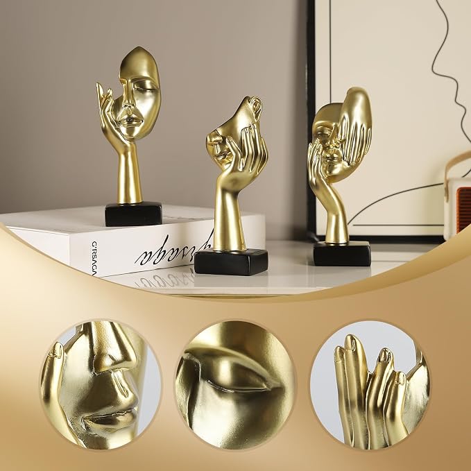 Modern Living Room Decoration - Gold Abstract Sculpture Decor For Shelves, Thinker Statues Set Of 3, Resin Face Knick Knacks Home Decor For Office Bookshelf, Shelf Side, Table, Gift For Friends