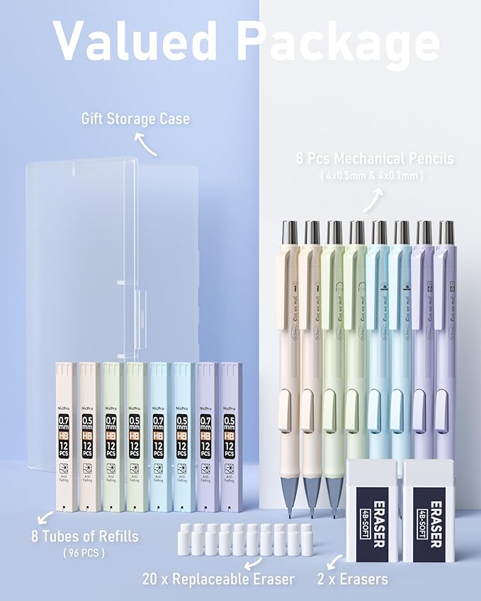 Nicpro 8PCS Pastel Mechanical Pencil 0.5 & 0.7 mm, Cute Fast Click Mechanical Pencils Set with 8 Tubes HB Lead Refills, Erasers for Drafting, School Student Writing, Drawing, Sketching -with Case