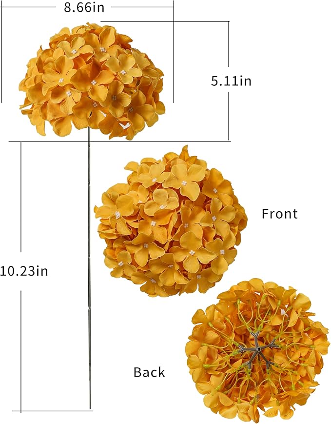 DuHouse 8.7" Silk Hydrangea Flower Heads with Stems Fake Hydrangeas Flowers for DIY Wedding Centerpiece Home Decor,Pack of 6(Mustard Yellow)