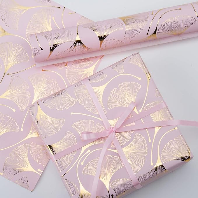 MAYPLUSS Wrapping Paper Set - Mini Roll with Bow & Ribbon & Gift Tags & Stickers - 17 inch X 120 inch Per roll - Pink Design (42.3 sq.ft.TTL)