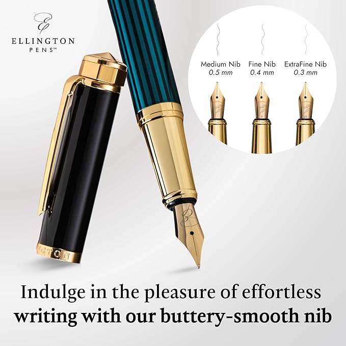 Ellington Pens Luxury Fountain Pen Set - Smooth Medium Nib - Includes 3 Ink Cartridges, Refillable Ink Converter, Gift Box -Fountain Pens For Writing, Calligraphy, Journaling, Sketching (Urban Hunter)