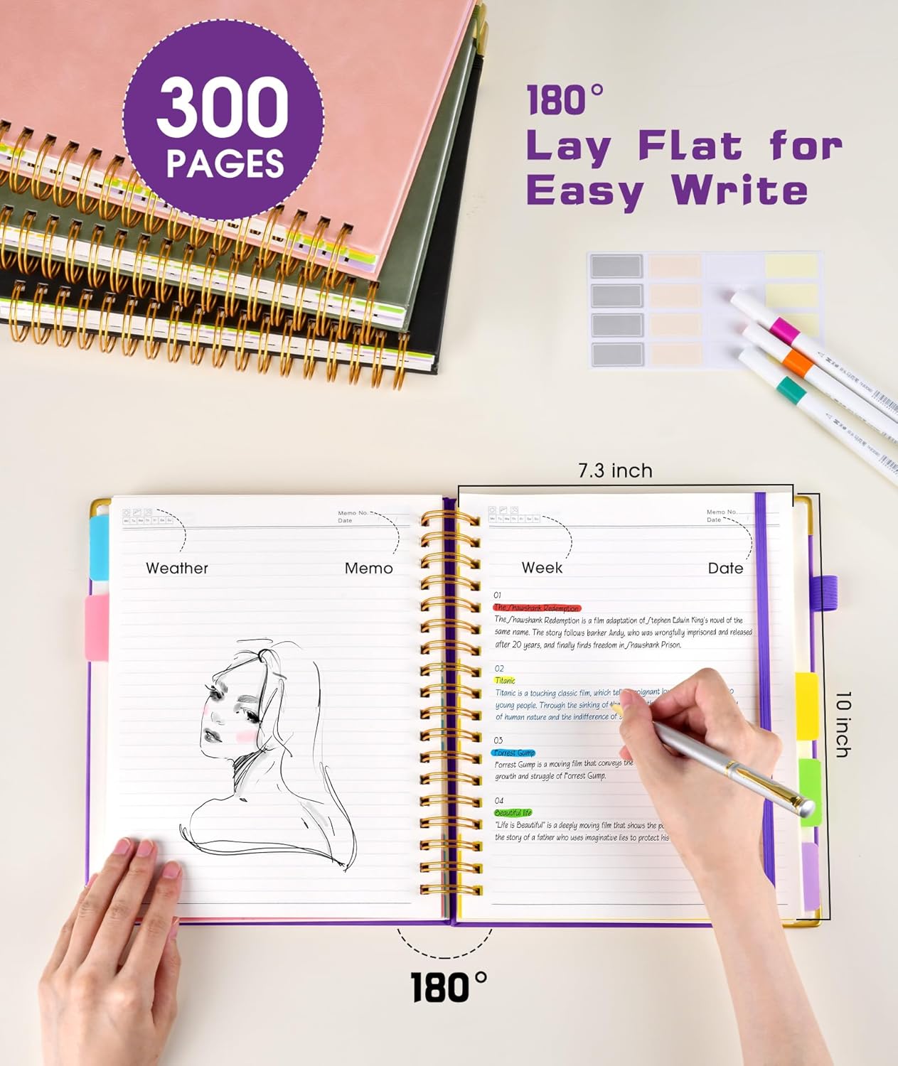 Skiennix Hardcover Spiral Notebook - 300 Pages with Removable Dividers | 8"x10" Dark Purple Journal for Work & School