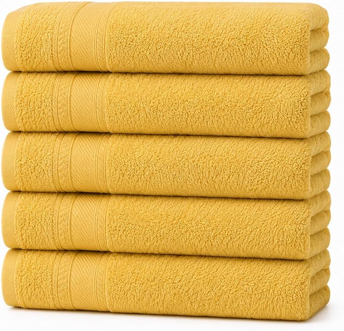 Bath Towels 27x52 | Soft & Quick-Dry | Highly Absorbent 100% Ring Spun Cotton Towels for Bathroom, Spa, Home & Hotel Use (Yellow (Pack of 5))