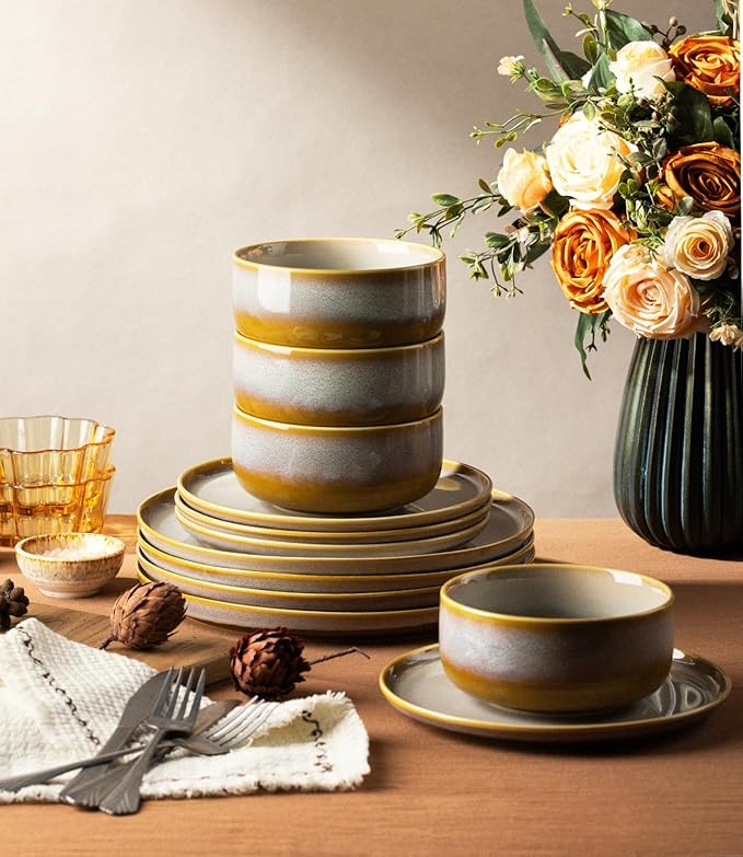 TheTerra Ceramic Dinnerware Sets for 6, 18 Pieces Handmade Reactive Glaze Plates and Bowls Set, Scratch Resistant Dish Set, Oven & Microwave & Dishwasher Safe, Autumn Haze