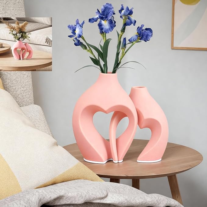 Pink Heart Shaped Ceramic Vases Set of 2, Modern Nordic Minimalist Flower Vases for Home Decor, Hollow Aesthetic Vases for Living Room, Shelf, Table, Office and Wedding Centerpieces
