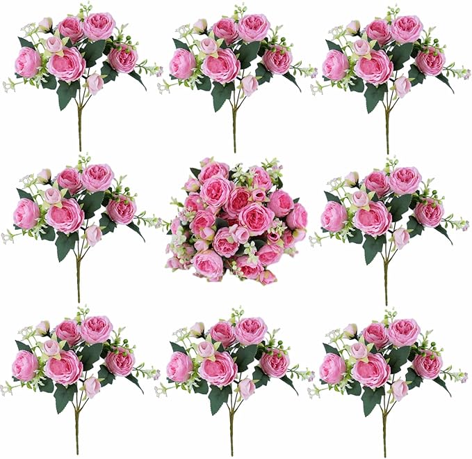 8 Bundles Peonies Artificial Flowers Silk Peonies Faux Flowers Fake Peonies Artificial Flowers Peonies Bouquet for Table Centerpieces Decoration Wedding Decor Home Party Decor (Dark Pink)