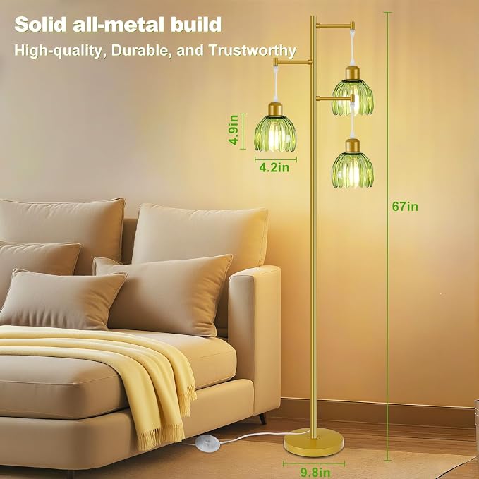 Tree Floor Lamp with 3 Light Bulbs, Vintage 3 Heads Flower Floor Lamp, Tall Gold Vintage Lamps with Brass Base Foot Switch, Boho Standing Lamps for Living Room with Green Glass Flower Shades