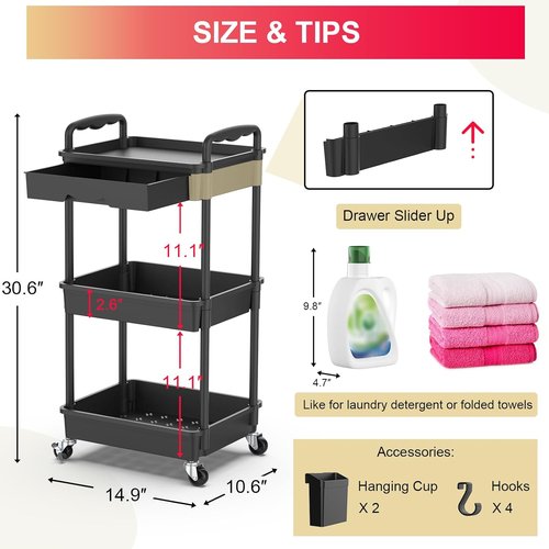 Goovilla 3-Tier Rolling Utility Cart - Sturdy Black Organizer with Removable Drawer & Lockable Wheels for Kitchen, Bathroom, Craft, and Baby Essentials