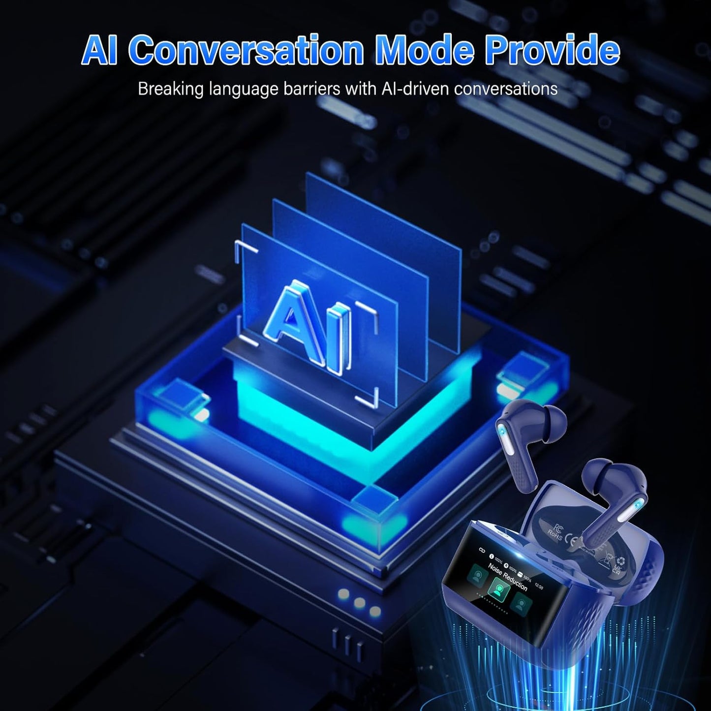 Skiennix AI Translation Earbuds - Real-Time 164 Languages Translator with 7 Modes | 48H Battery Life, Touch Screen & App, Blue