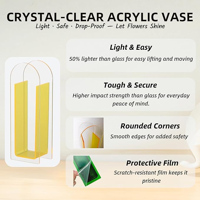 Acrylic Vase Creative Gifts Minimalist Design Wedding Centerpiece Home Office Decor Elegant Floral Display Stand(Not Including Flowers) (Semi-Yellow, 1PCS)