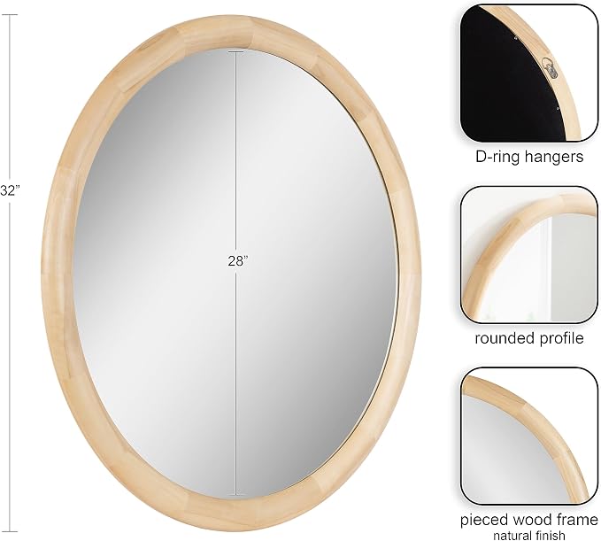 Kate and Laurel Dessa Modern Round Wooden Wall Mirror; 32 Inch Diameter; Natural; Transitional Circle Bathroom Vanity Mirror with Chunky Rounded Profile and Solid Poplar Wood Frame