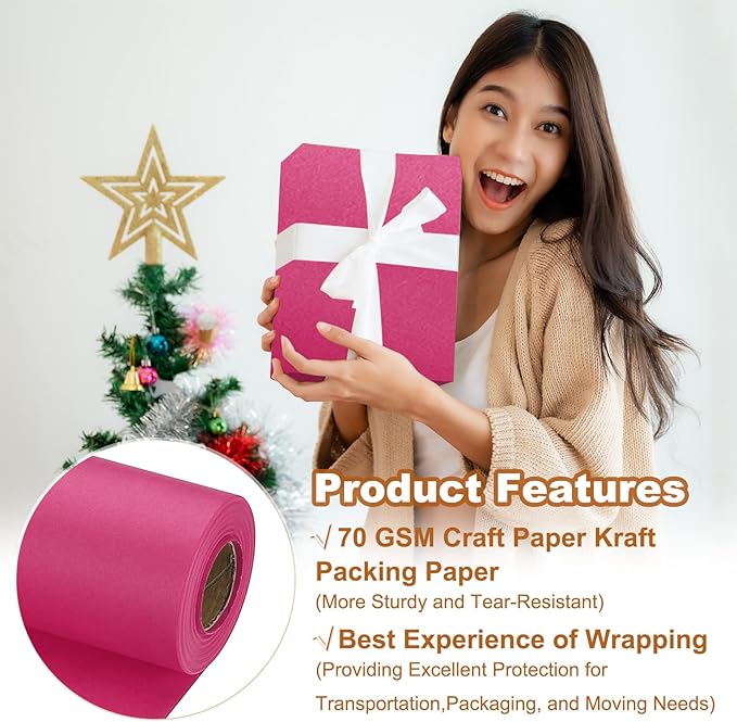 PATIKIL Wrapping Paper, 20" x 600"(49') 70 GSM Craft Paper Roll Kraft Packing Paper for Poster Bulletin Board, Gift Wrapping, Dark Pink