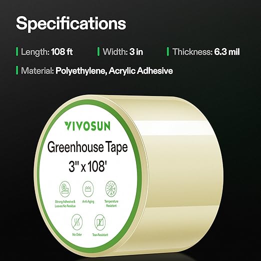 VIVOSUN 3” x 108’ Greenhouse Repair Tape, 6.3 mil Clear Poly Patch Tape, Heavy Duty and Weatherproof, for Greenhouses, Plastic Sheeting, and Tents (Pack of 2)