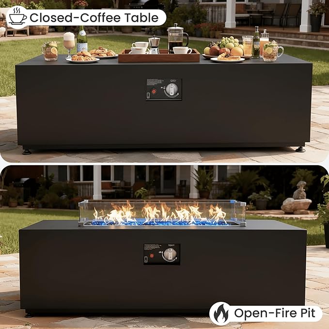 Aeeiua 42" Propane Fire Pit Table Set with Tank Holder, Rectangle 2-Piece Outdoor Firepit Wind Guard, Lid, Glass Stones and Cover