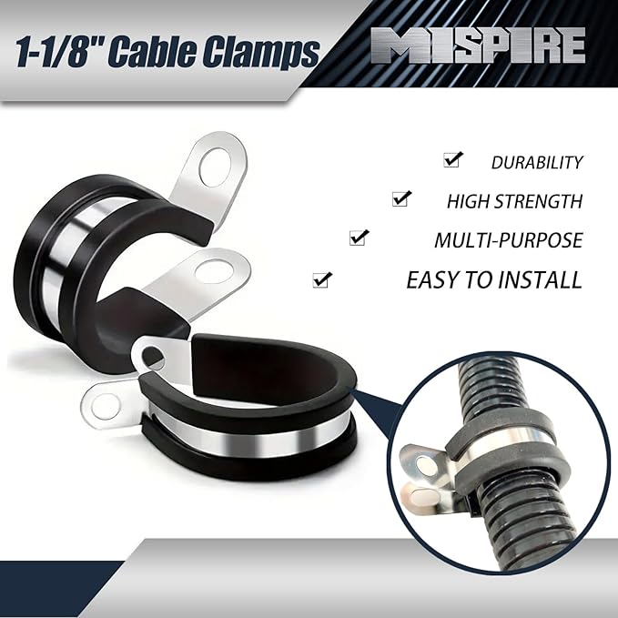 1-1/8 Inch Cable Clamps, 10 PCS, Stainless Steel with Rubber Insulation, Black, Clamp
