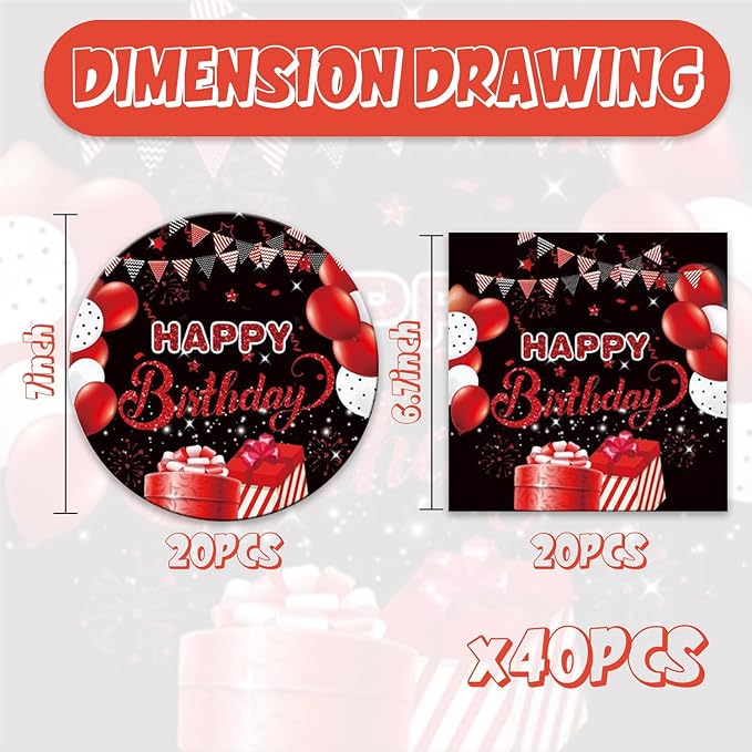 40Pcs Red and Black Birthday Decorations Happy Birthday Decorations for Men Women Black and Red Disposable Paper Plates and Napkins Set Party Supplies Serve 20