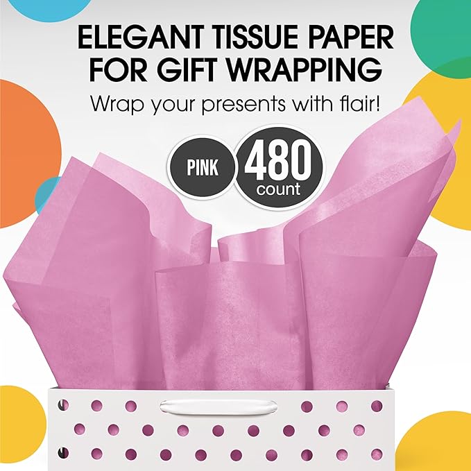 Party Solids Pink Tissue Paper for Gift Bags - 20" X 30" Bulk Tissue Paper Pink 480 Sheets - 10lb Newsprint for Packing, Birthday Gift Box Filler, Packing Supplies for Moving Supplies