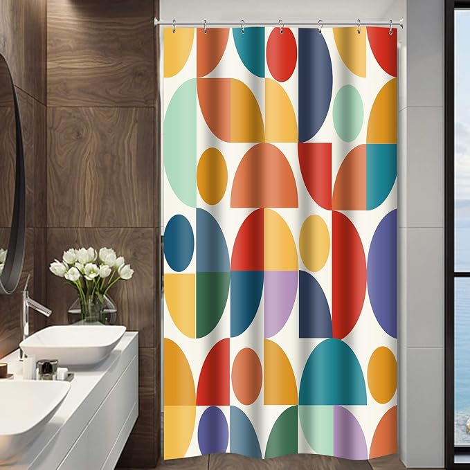 Vintage Colorful Rainbow Mid Century Shower Curtain Modern Abstract Geometric Art Bathroom Curtain Decor 36x72 Inch Washable Fabric Bright Retro Boho Circle Patterned Bath Curtain with 6 Hooks