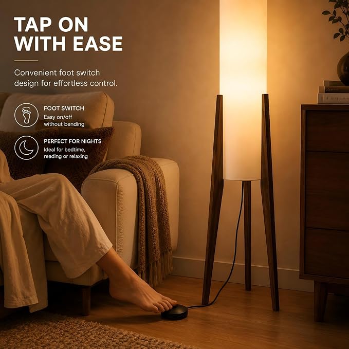 Bofea-Farmhouse Floor Lamp for Living Room & Bedroom,Walnut Wood Vintage Standings Lamp with Foot Switch, 3 Color White Fabric Tall Lamp,Decorative Tower Shade Lamp for Hotel Cafe Study