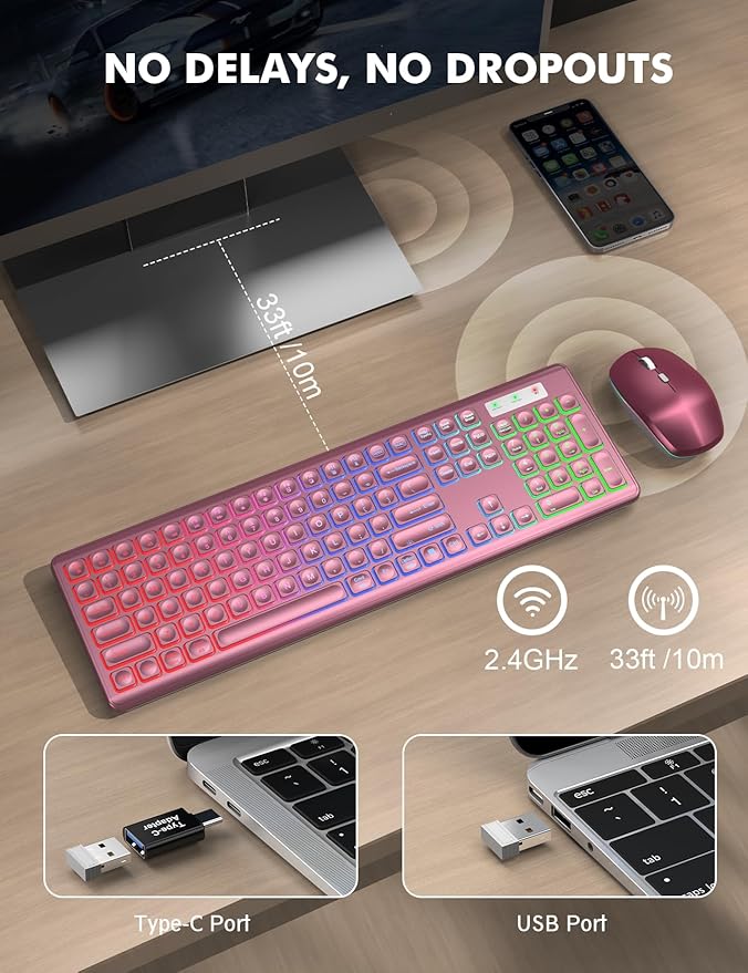 Wireless Keyboard and Mouse Combo, RGB Backlit, Rechargeable & Light Up Letters, Full-Size, Soft Typing, Sleep Mode, 2.4GHz Quiet Keyboard Set for Mac, Windows, Laptop, PC, Trueque (Wine Red)