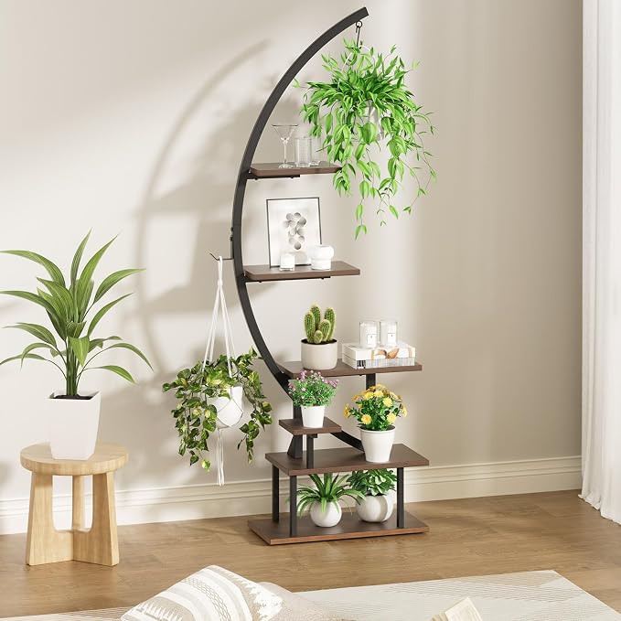 GREENSTELL Plant Stand Indoor with Grow Light, 7-Tiered Tall Metal Plant Stand for Indoor Plants, Half-Moon Shape Display Shelf for Home,Living Room, Patio, Dark Brown (1 Pack)