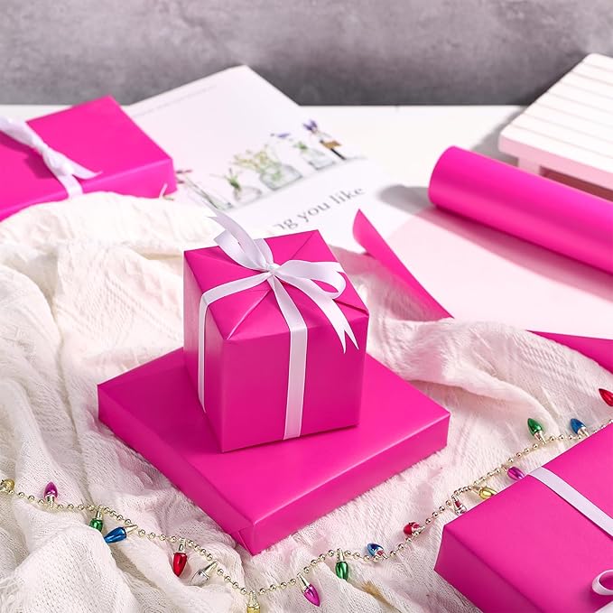 RUSPEPA Hot Pink Matte Wrapping Paper - Mini Roll - Solid Color Pearly Lustre Paper Perfect for Wedding, Birthday, Christmas, Baby Shower - 17 Inches X 32.8 Feet