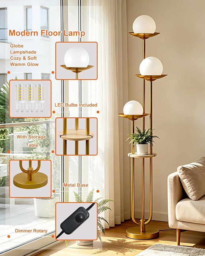 63IN Globe Floor Lamp with Shelf 3-Lights Modern Dimmable Floor Lamps with 3000K Soft Warm White Bulbs for Wedding/Party, Gold Tall Standing Lamp with 5Lbs Heavy Base for Living Room/Bedroom