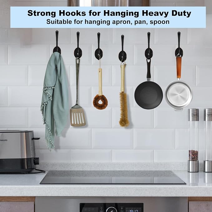 Kruodop 6Pcs Coat Hooks Wall Hooks for Hanging Heavy Duty, Wall Mounted Black Towel Hooks, Metal Single Coat Hanger with Screws Cup Retro for Coats, Handbags, Towels