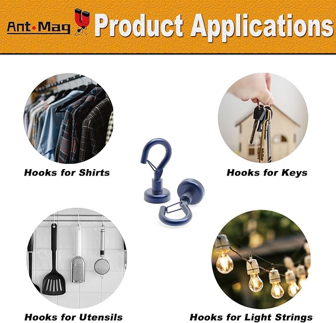 Ant Mag Magnetic Hooks Heavy Duty with Snap 22lbs Strong Blue Magnet Hooks Great Hanging for Refrigerator, Cruise Cabin, Grill, Wreath,Kitchen,Office 8 Pack