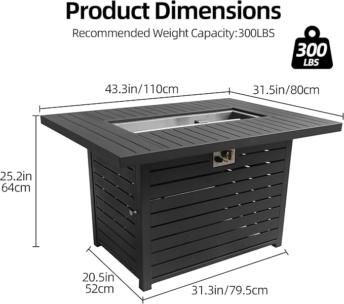 TWT 43.3 inch Outdoor Propane Fire Pit 2 in 1 Firepit Table Gas Fire Pit Table with Lid, Glass Wind Guard Rectangle Gas Firepit Table for Garden/Patio, CSA Certification (Dark Grey)