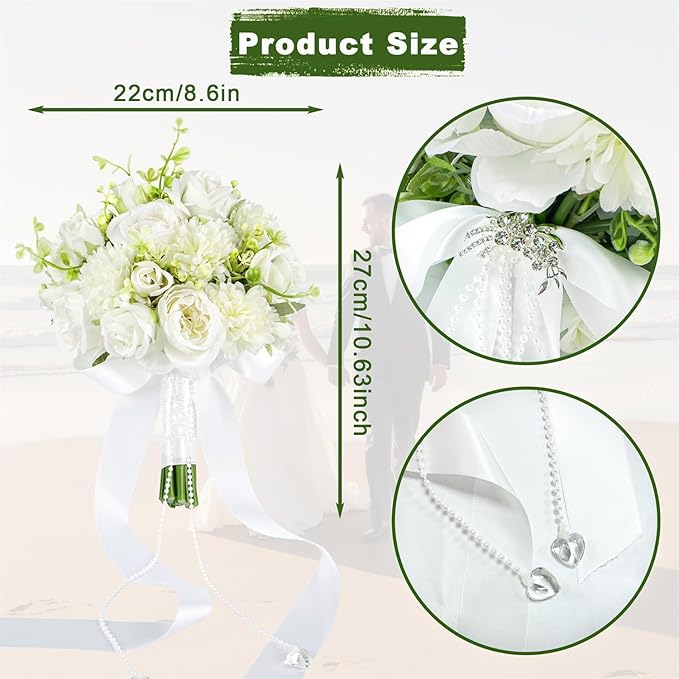 8.6 Inch Wedding Bouquets for Bride Bridesmaid, Ivory White Green Bouquet with Pearl Chains Artificial Fake Silk Roses Flowers for Wedding Boho Rustic Church Decoration Toss Bouquet