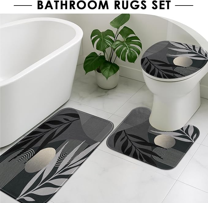 Boho Black and Grey Shower Curtain Set with Toilet Lid Cover and Non-Slip Rugs, Mid Century Modern Abstract Minimalist Leaves Neutral 4 Pcs Shower Curtain for Bathroom Set with 12 Hooks