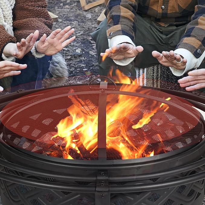 Panovue 36 Inch Fire Pit with 2 Loops,Crossweave Wood Burning Fire Pits for Outside,with Spark Screen,Fire Poker,Round Outdoor Firepit for Patio,Yard,Garden,Camping,Bonfire(36''Black)