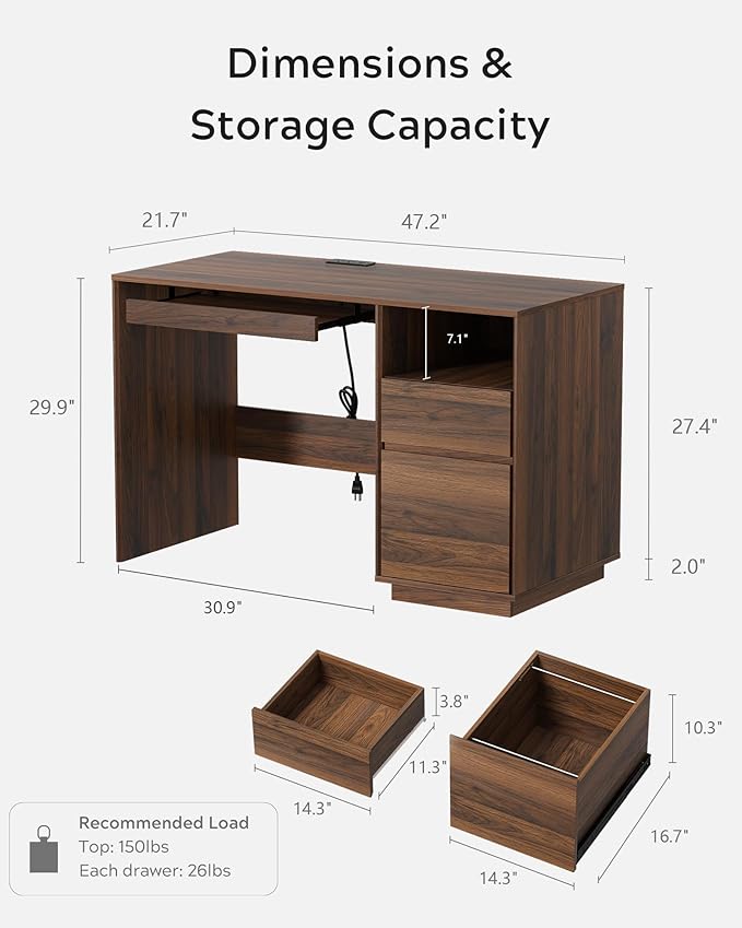 47" Office Desk, Home Office Desk with File Drawer & Open Storage & Power Outlet, Large Wooden Executive Desk for Study Writing, Brown