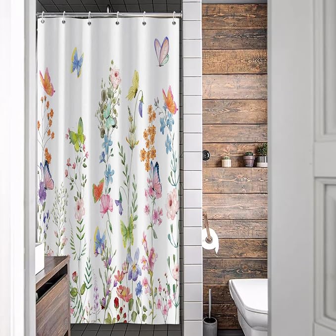 Spring Floral Butterfly Shower Curtain Summer Colorful Wildflowers Botanical Shower Curtain for Rustic Vintage Bathroom Decor Easter Shower Curtain Set 54x72 Inches