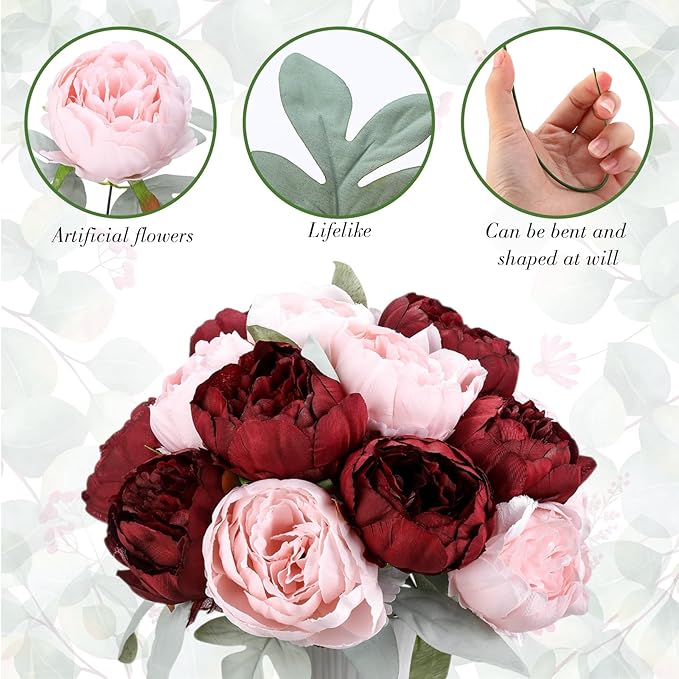 Zeyune 50Pcs Wedding Artificial Peonies 4 Inch Fake Silk Peony Faux Artificial Valentine Flower Bulk Rose Flower Head for Valentine Decoration Vintage Wedding Home Office (Burgundy and Pink)