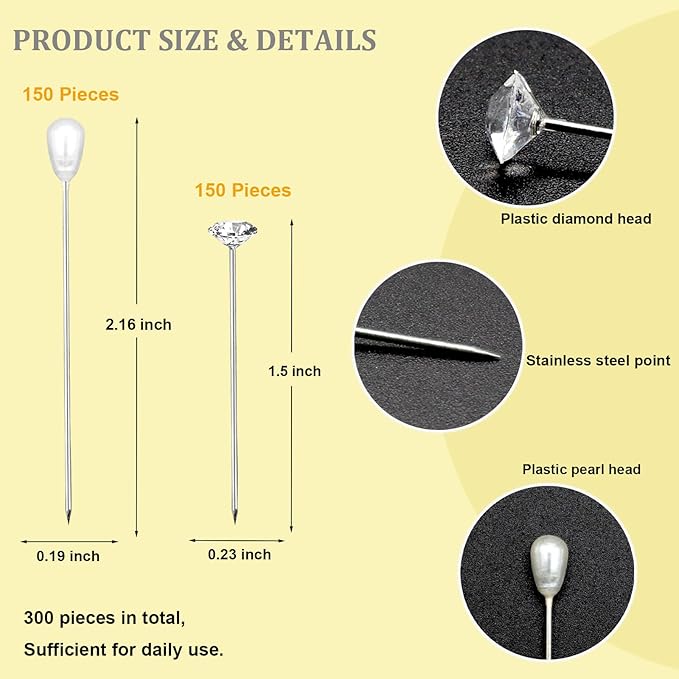 300Pcs Corsage Bouquet Pins Including 150Pcs 1.5 Inch Diamond Pins and 150Pcs 2.1 Inch Pearl Pins for Bouquets, Flower Pins for Sewing Straight Pins for Floral Wedding Decoration DIY Craft Sewing Pins