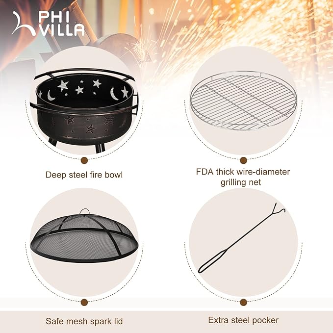 PHI VILLA 30" Outdoor Wood Burning Firepit with Cooking Grate, Patio Deep Bowl Steel Fire Pits for Outside with Adjustable Swivel BBQ Grill Pan, Star & Moon Cutouts Pattern, Poker & Spark Screen